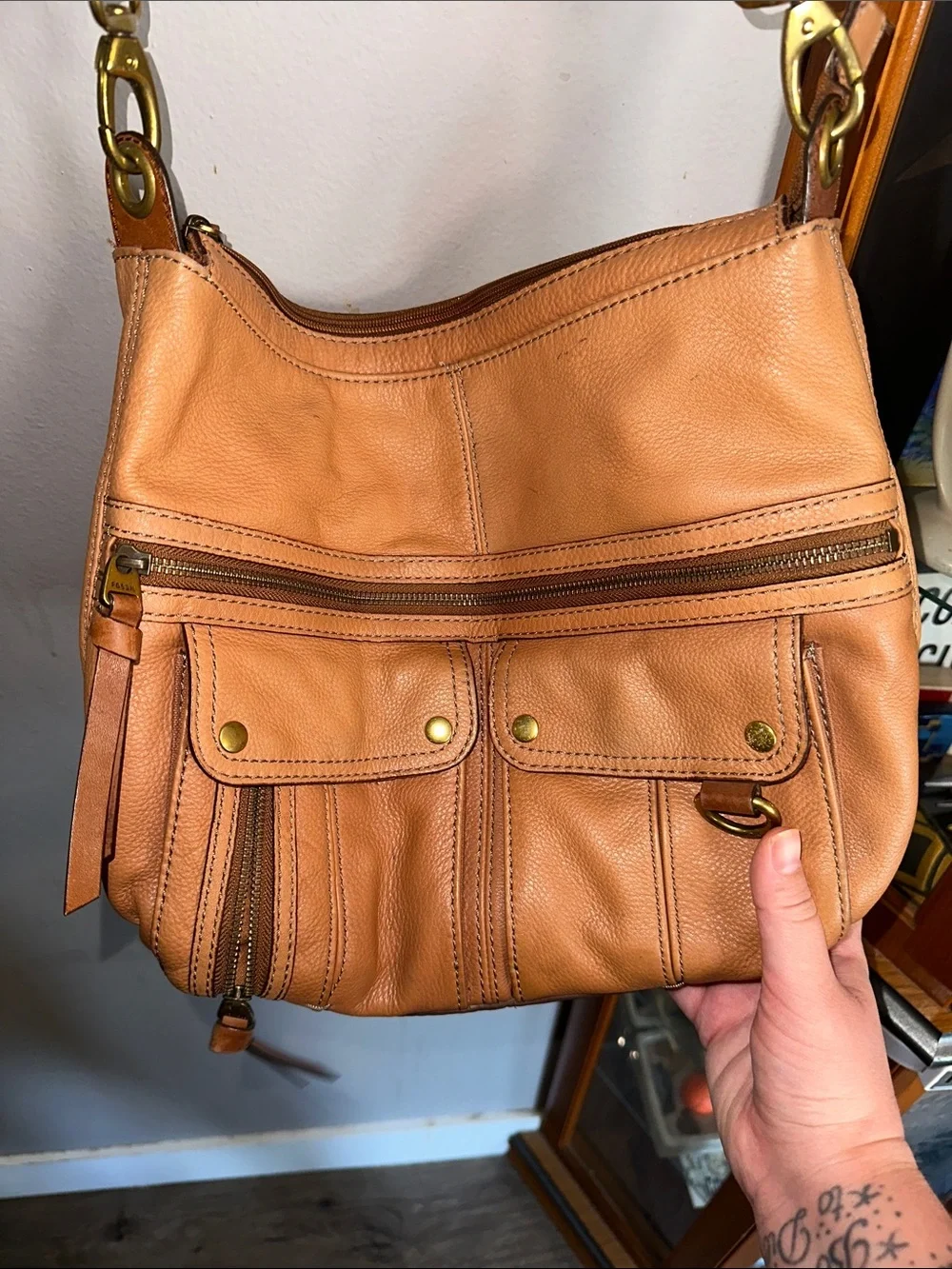 Fossil Tan Leather Messenger Bag with Brass Accents